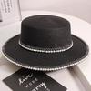 Retro pearl lace flat top straw hat women's summer outing seaside sun hat beach hat