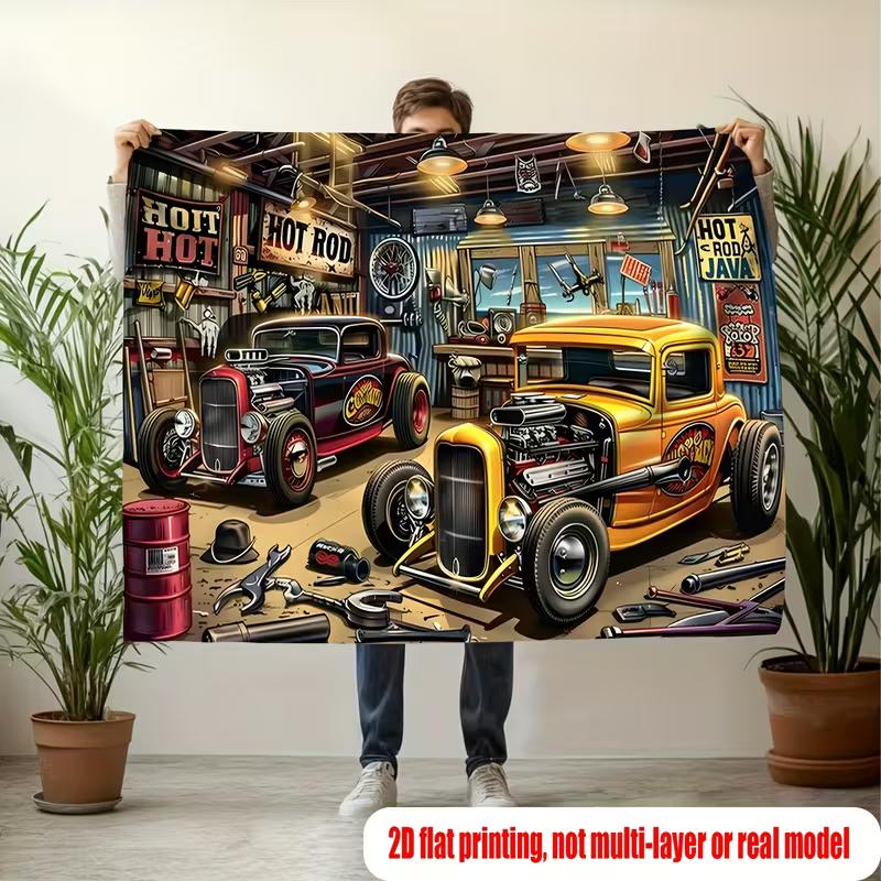 American Retro Hot Rod Garage Tapestry Vintage Car Art Wall Decor