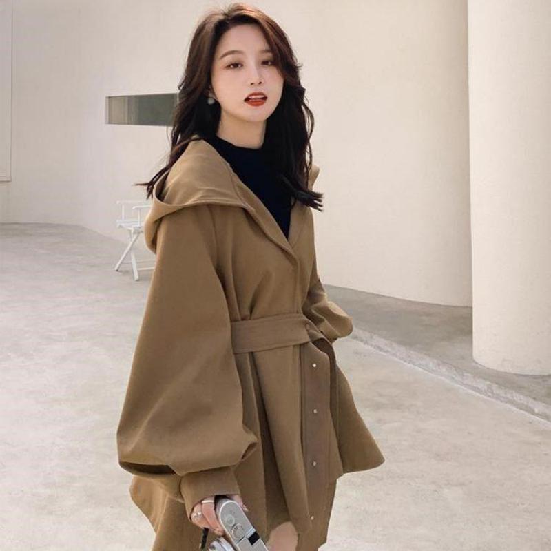 Trench coreano allentato autunnale con cintura con cappuccio Cappotto da donna nero