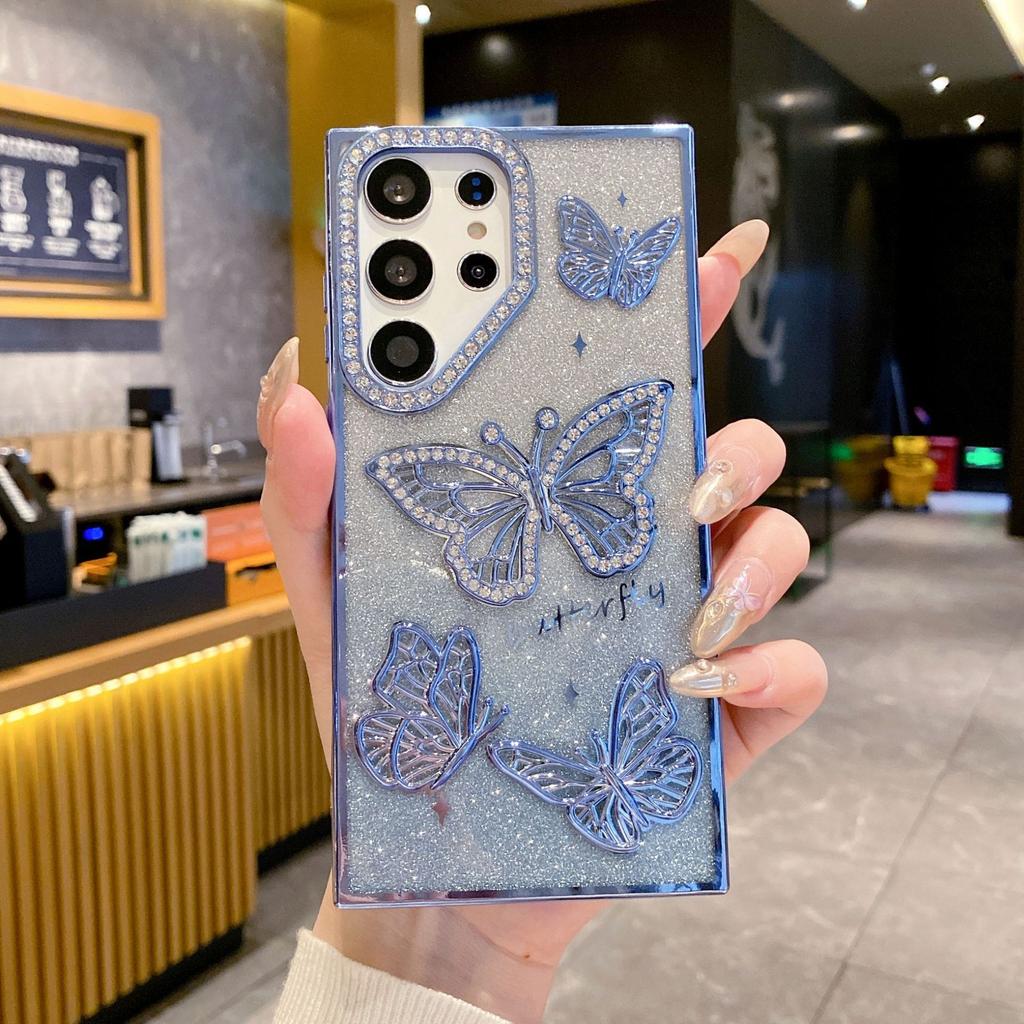Suitable for Samsung S25 Ultra Mobile Phone Case Electroplated Flash Powder Rhinestone Butterfly S24 Anti Fall A26 Anti Fall Soft Case