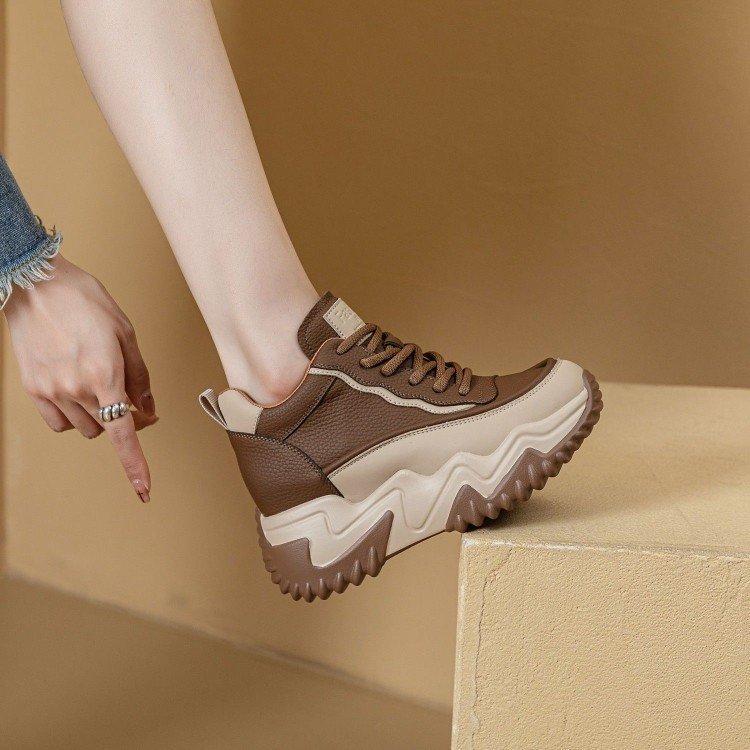 

Женская обувь на толстой подошве, увеличивающая рост, осенне-зимние новые маленькие высокие ботинки, женская повседневная кожаная обувь для папы, женская 35 темно-коричневого