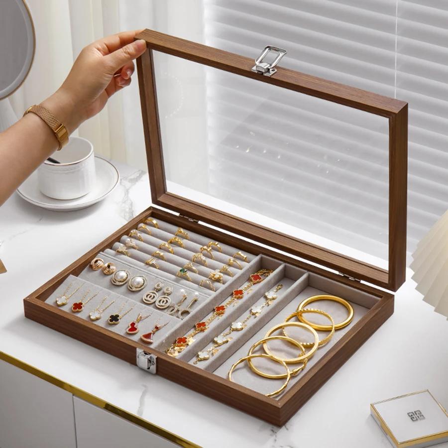 Vintage Wooden Jewelry Organizer Box - Dustproof Display Case For Rings, Necklaces, Earrings & Bracelets - Multipurpose Storage