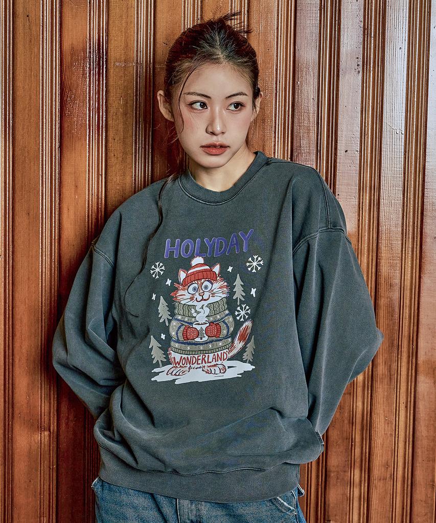 WILDROCK Hollysheesh Holyday Cat Pigment Oversized Sweatshirt_5 Col