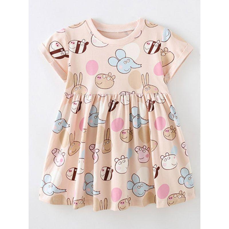 Fashion Foreign Trade Children's Wear Summer Pure Cotton Girl Dress Short Sleeve Baby Pig Print Western Style Knitted Skirt Fashion