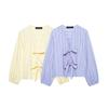 Womens Loose Fit Striped Round Neck Shirt With Bow Detail Casual Top