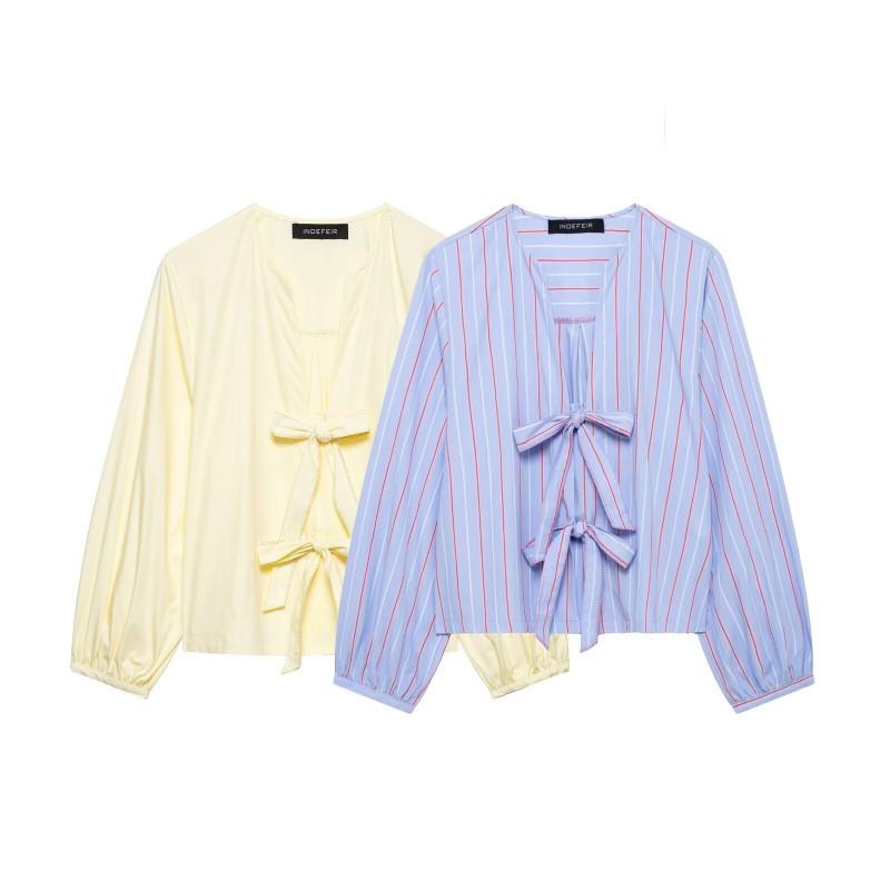 Womens Loose Fit Striped Round Neck Shirt With Bow Detail Casual Top