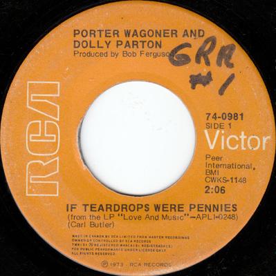 7inch Record PORTER WAGONER & DOLLY PARTON - If Teardrops Were Pennies 740981 RCA Victor 1973 Canada Country/Folk Used