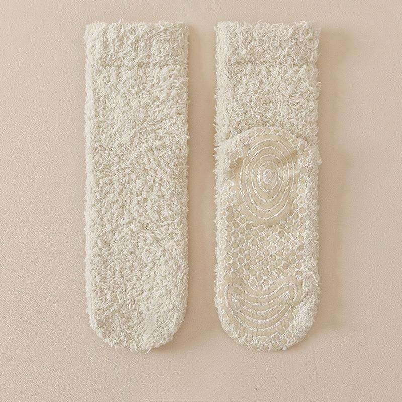 Winter and Autumn Coral Fleece Warmth-Keeping Mid-Calf Socks for Women, Home Use Anti-Slip Silicone Floor Socks