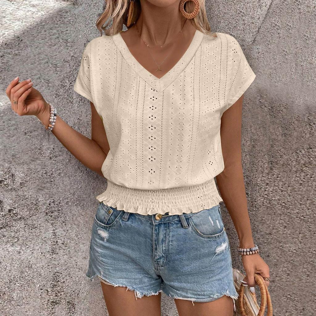 Women's Fashion V-neck Solid Color Hollow Short Sleeve Top T-shirt Summer