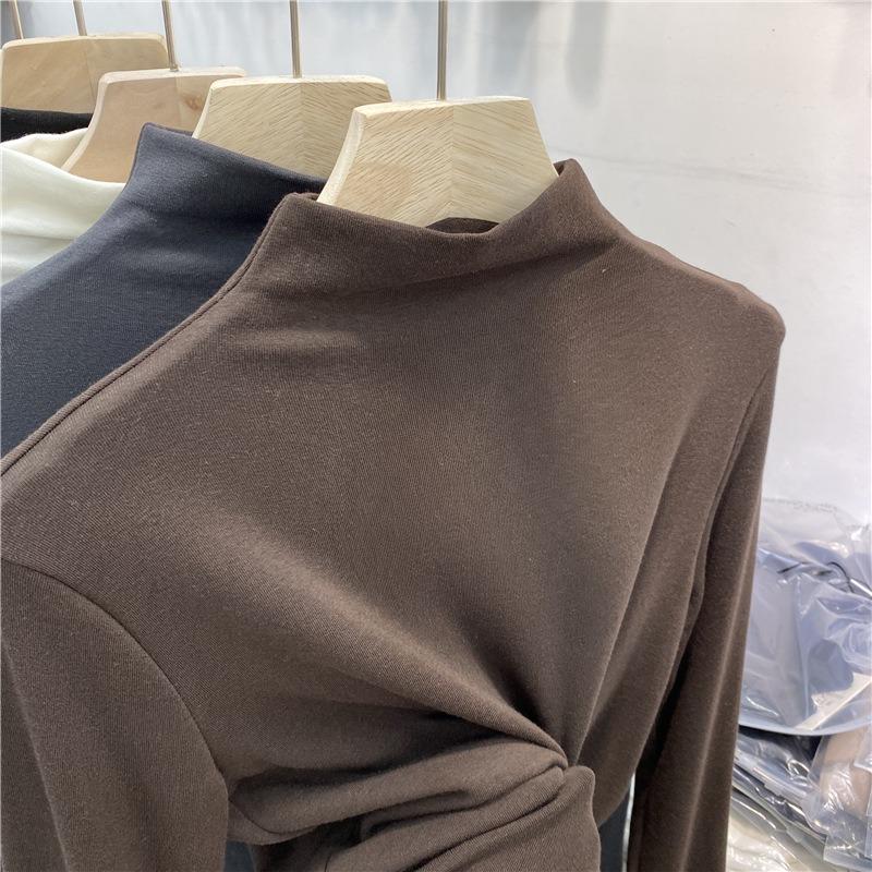 Autumn Half High Collar Slim Fit Plush Base Casual T-shirt Women Winter Long Sleeve Solid Velvet Women's T Shirt Elegant Retro Warm Lady Tee Top 25573