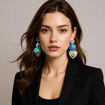 ZA Cross-border Literary and Retro Creative Design Sense Alloy Printing Geometric Love Flower Flower Asymmetrical Women's Earrings