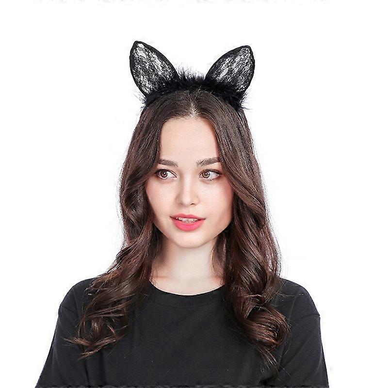 Diadema de Orejas de Gato de Encaje Negra Encantadora Diadema de Orejas de Gato Máscara Capucha para el Cabello Decoración de Fiesta Tocado Noche de Halloween Discotecas Accesorios para el Cabello para Mujeres a