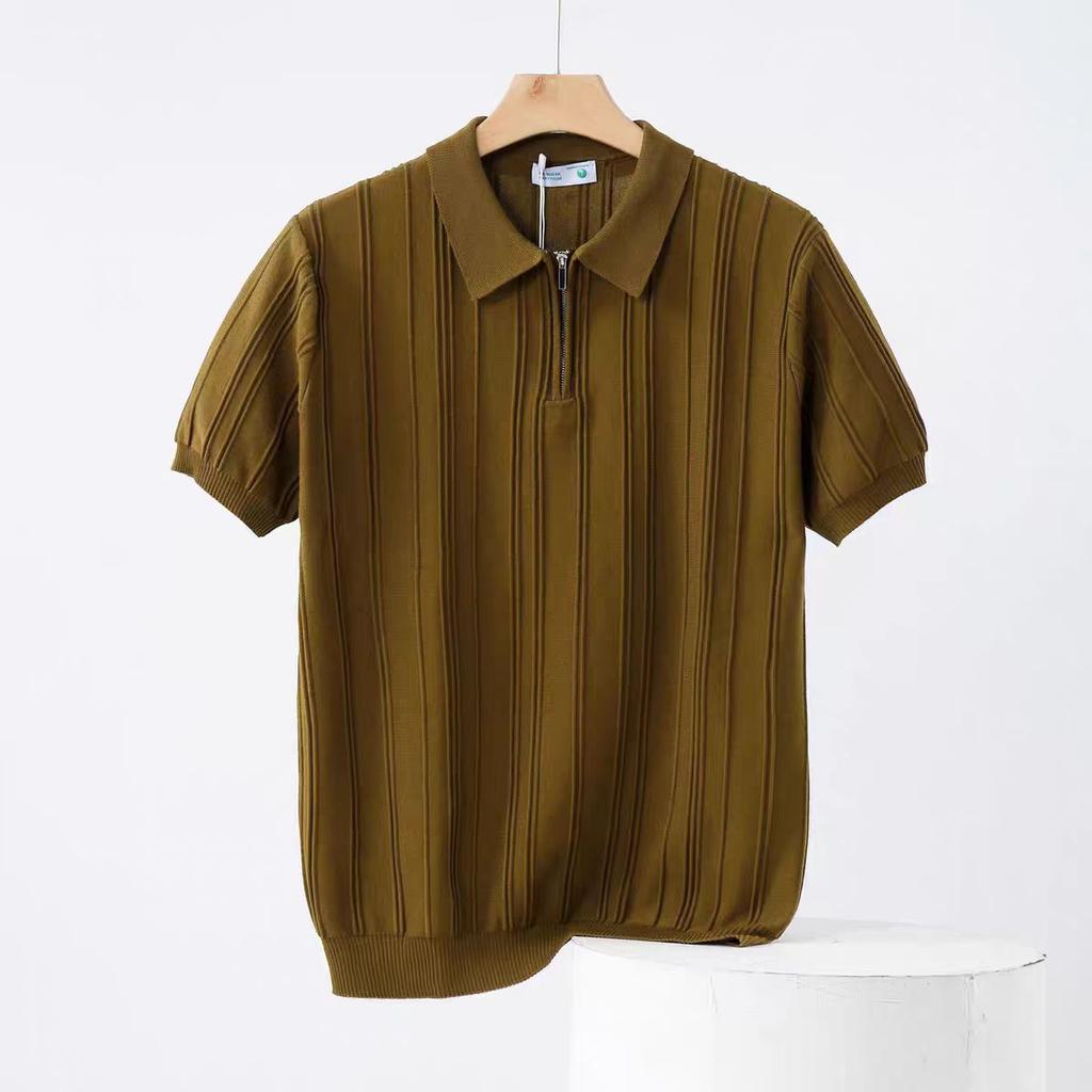 Half-Zip Knitted Short Sleeve Men's Thin Sweater T-Shirt 2025 Summer New Ice Silk Turn-Down Collar Half Sleeve