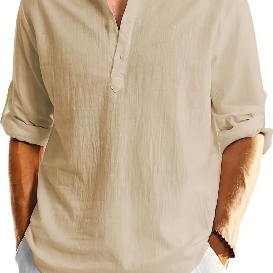 

Мужская рубашка с воротником-стойкой, с закатывающимися длинными рукавами, пуловер, однотонная, свободного кроя, повседневная, для путешествий, вечеринок, на каждый день M хаки