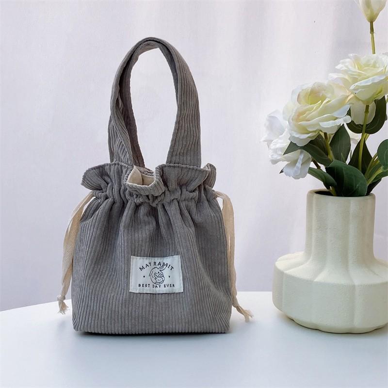 Vintage Damen-Kord-Handtasche Lässige Zugbeuteltasche Unifarbene Geldbörse Aufbewahrungstasche Kosmetiktasche