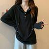 Plus Size T-shirt Women Hooded Autumn Women Small Button V-neck Long-sleeved Bottoming Shirt Hundred Loose Casual Tops