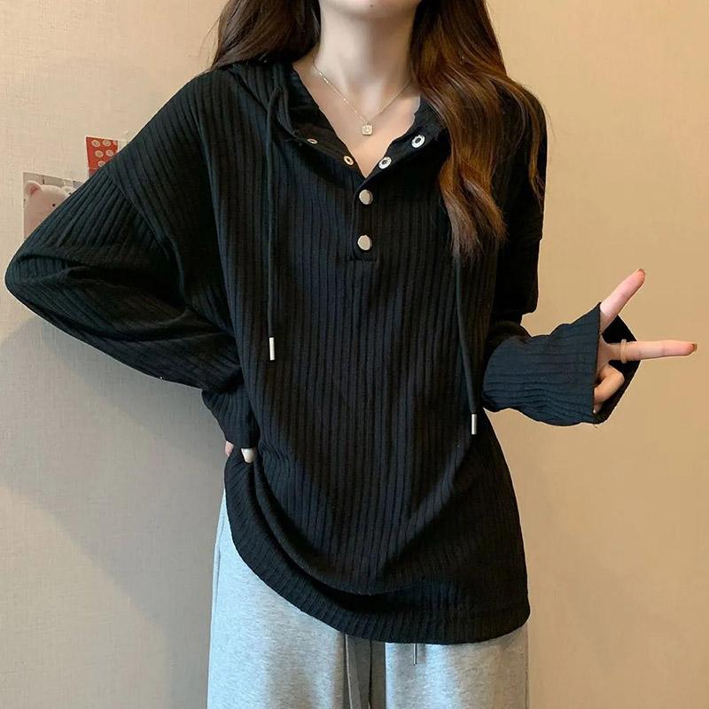 Plus Size T-skjorte Kvinner Hette Høst Kvinner Liten knapp V-hals Langermet bunnskjorte Hundre Loose Casual Topper