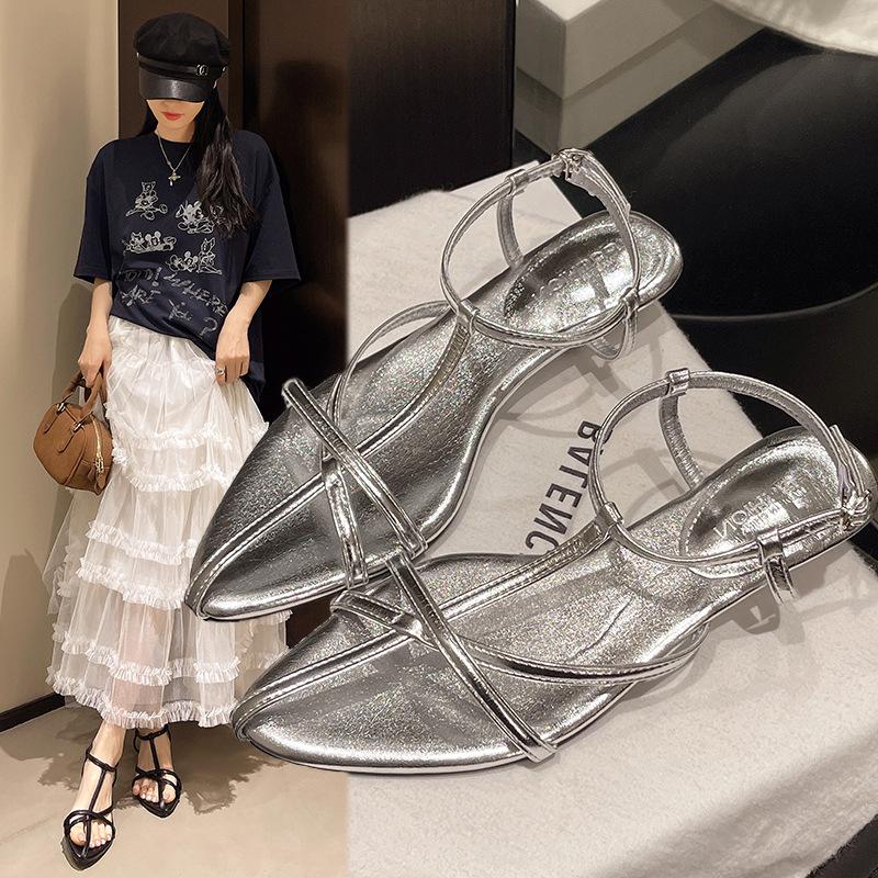 Pointed thin strap Roman shoes fashion French silver cross strap sandals 2025 summer wedge heel open-toed women's outerwear