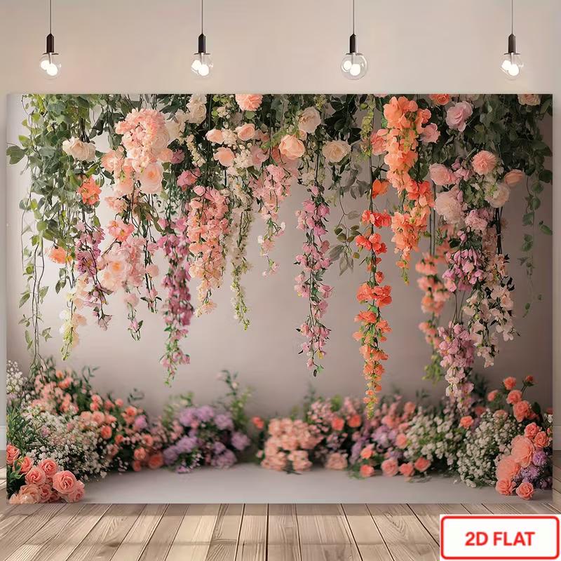 2D Cascading Vine Flower Brick Wall Backdrop Bridal Shower Photo Booth Background
