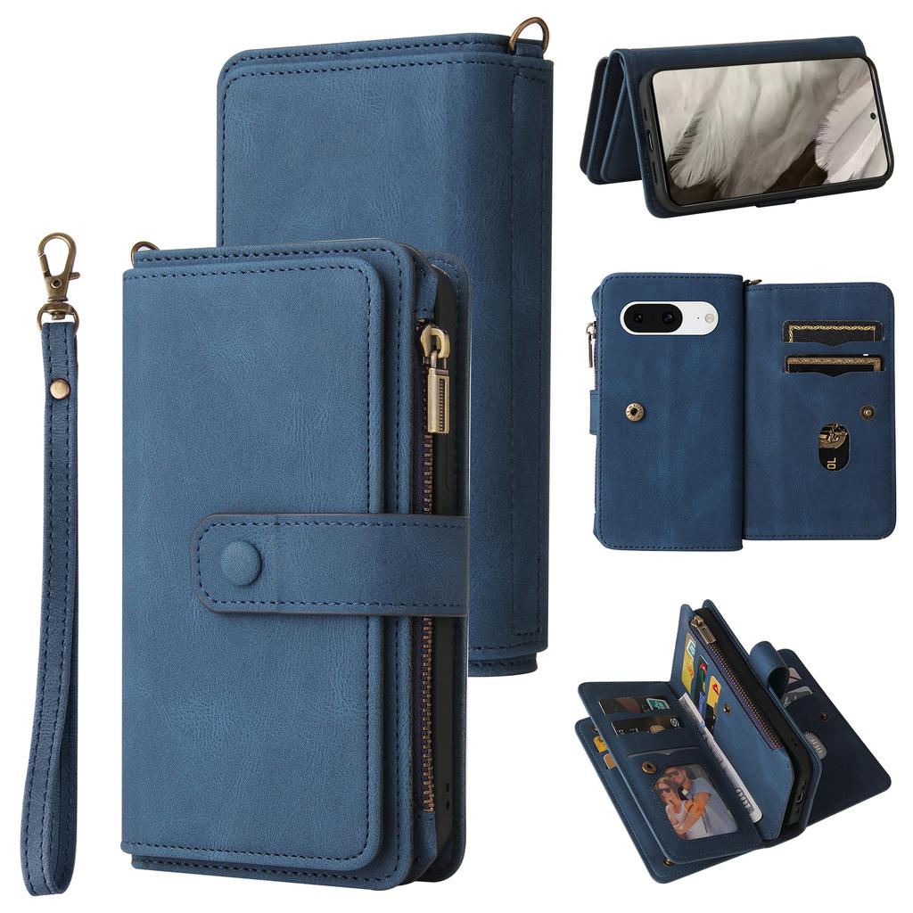 For Google Pixel 8 Zipper Wallet Case with 15 Card Slots and Strap Leather Phone Cover