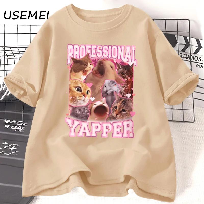 Professional Yapper Meme Cat Graphic T Shirts Funny Cotton Cute Kitten T-shirt Summer Cotton Round Neck T Shirt Female Clothing