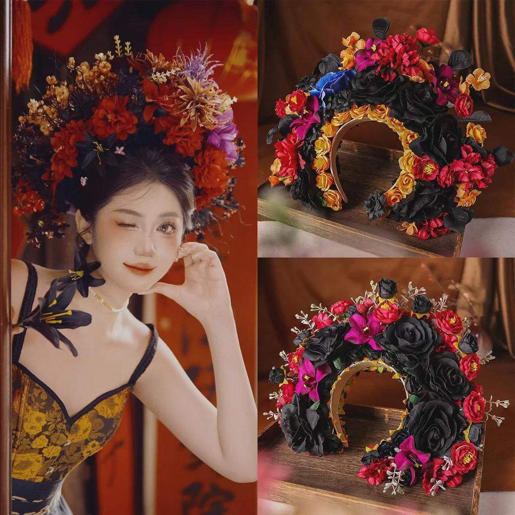 Quanzhou Hanfu Silk Flower Hairpin Headband - Dark Series Floral Crown
