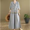 Spring Summer 2 Two Piece Set Women Floral Embroidery Fashion Ladies Blouses Elastic Waist Fashion Loose Pleated Woman Wide Leg Pants