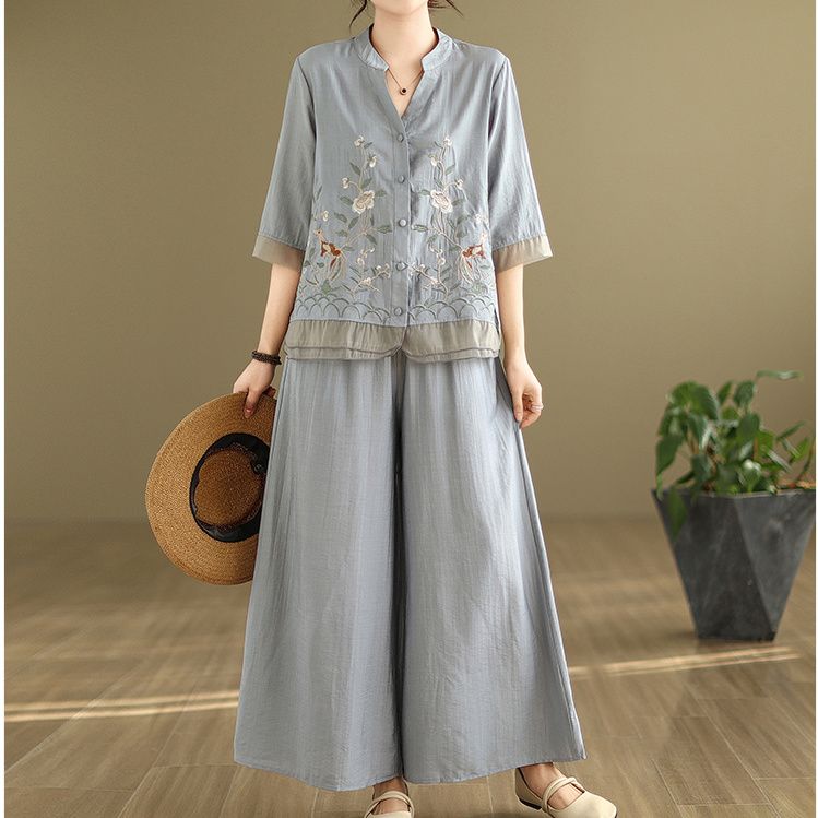Spring Summer 2 Two Piece Set Women Floral Embroidery Fashion Ladies Blouses Elastic Waist Fashion Loose Pleated Woman Wide Leg Pants