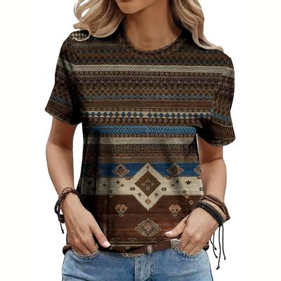 Vintage T Shirt for Women Ethnic Print Crew Neck T-Shirt Summer Casual Short Sleeve Female Oversized Clothing