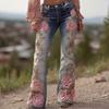 Bell Bottom Jeans for Women 3D Digital Floral Print Stretch Flared Jeans Mid Rise Retro Denim Pants with Pockets