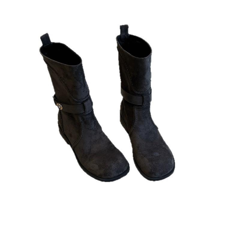 Soft leather texture apricot gentle solid color belt buckle medium tube Martin boots women's versatile suede round head low heel fashion boots