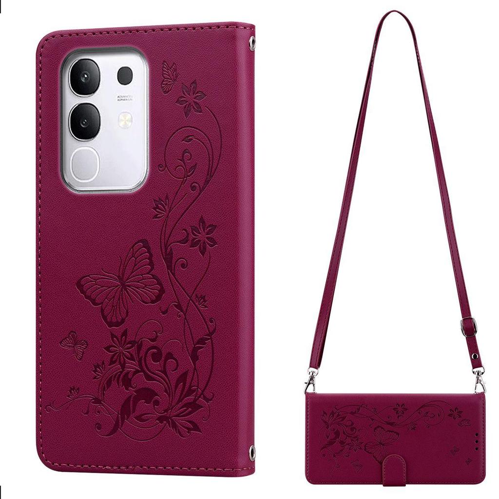 Elegant Butterfly Floral Flip Leather Phone Case for Vivo Y29 4G Long Shoulder Strap Wrist Lanyard Cover