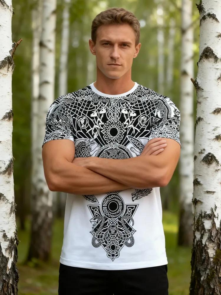 Men's Black and White Tribal Wolf Tee, Norse Mythology Inspired Knot Pattern, Breathable Short Sleeve for Street and Urban Style