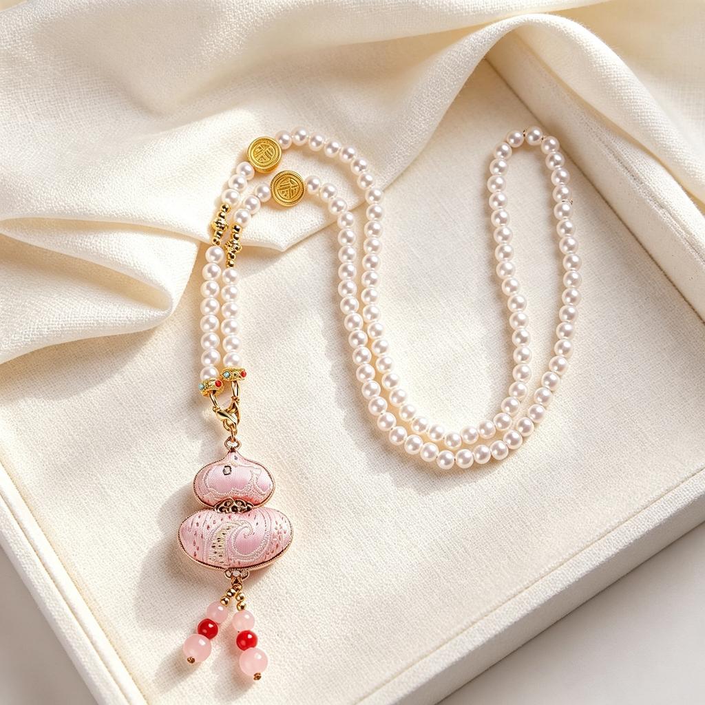 New Chinese gourd Shuangfu imitation pearl necklace, national style long temperament pendant, fashion temperament cheongsam sweater chain