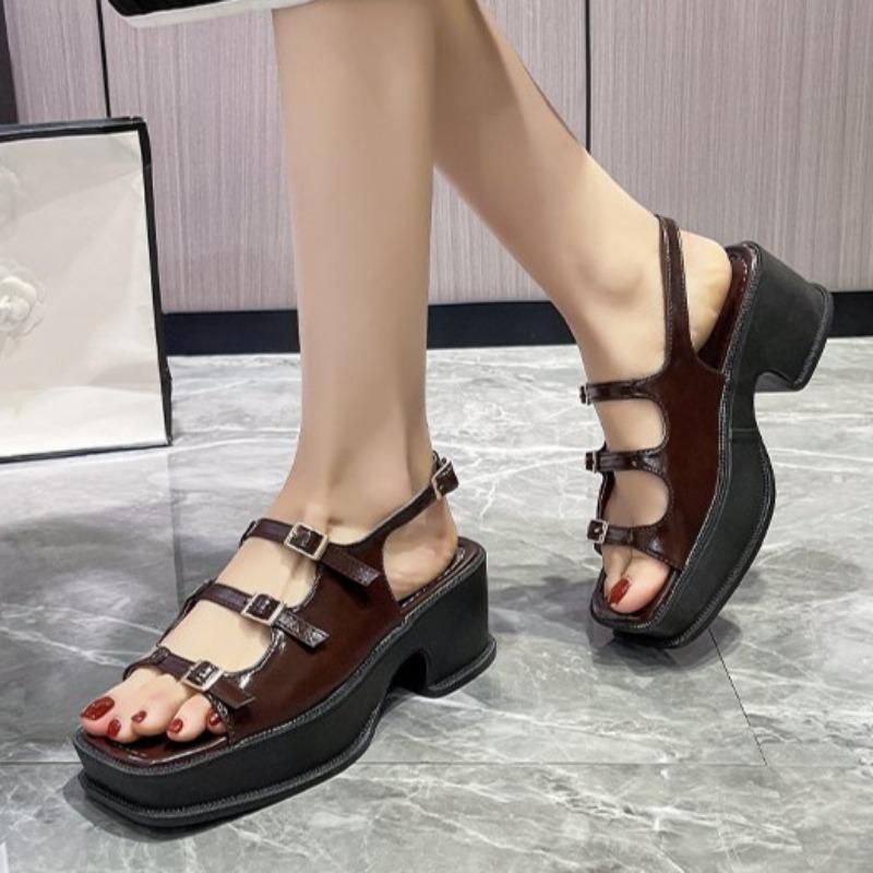 Fashion Women's Fashion Chunky Sandals Summer New Square Head Open Toe Metal Buckle Platform Non-slip High Heels