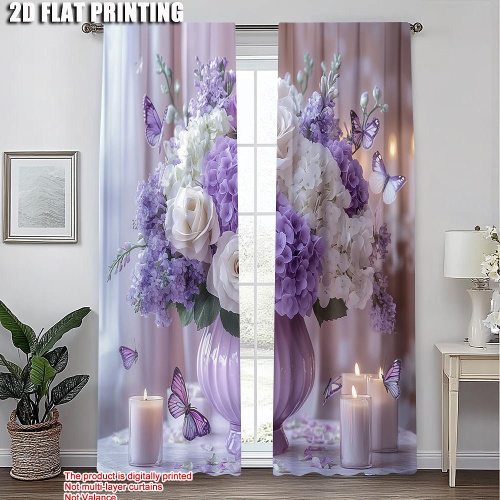 2pcs   Light Filtering Curtains 2D print Wedding Purple Flower-Butterfly Versatile 100% Polyester (without rod) Gifts Ldeal for