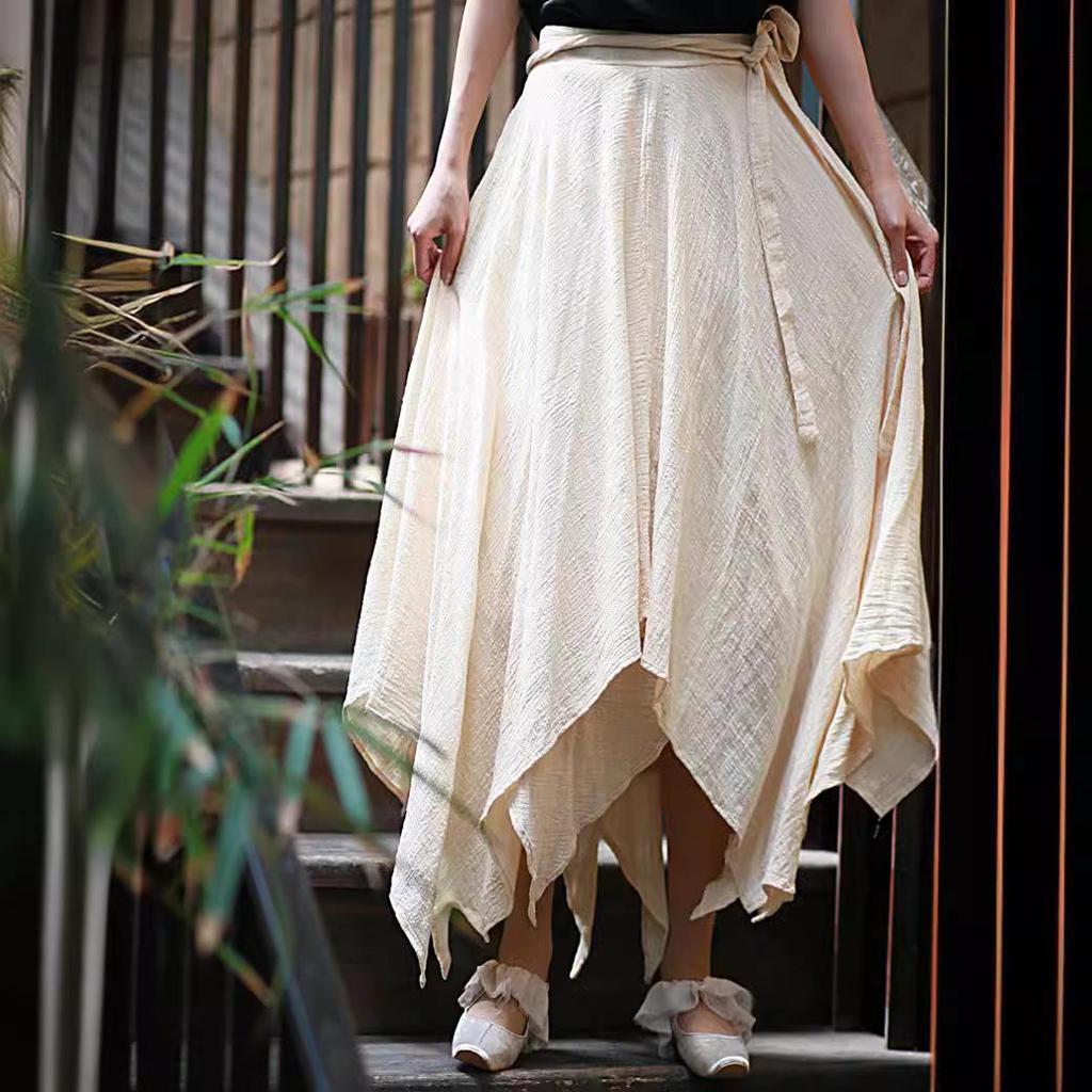 Women's Spring/Summer Cotton Linen Bamboo Ribbon Skirt - Irregular Chinese Style.