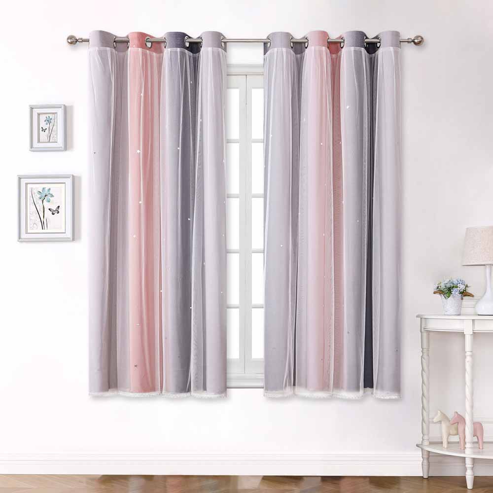Gradient Striped Blackout Curtains Dual-Layer Sheer & Fabric Grommet Top All-in-One Window Drapes Home Decor