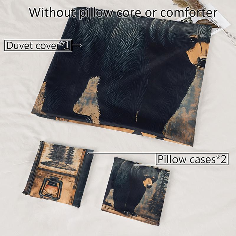 3pcs Black Bear Cabin Patchwork Bedding Duvet Cover Set Wilderness Black Bear Bedding Quilt Set Rustic Cabin Themed Bed