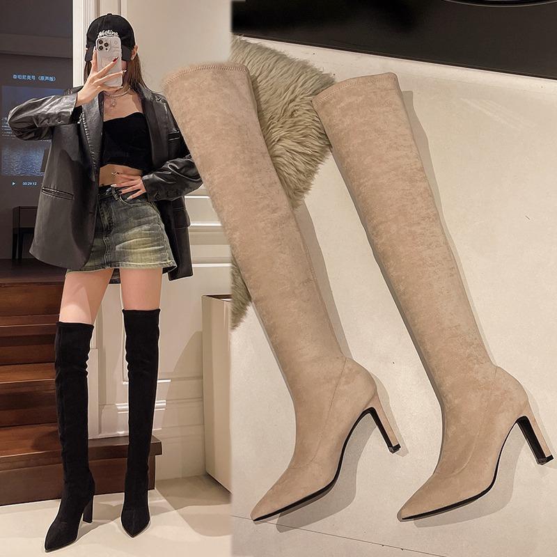 2025 New Fall Winter Over The Knee Boots Women's Pointed Toe Suede Sleeve Non-Slip Plus Suede Warm Heeled Fashion Boots