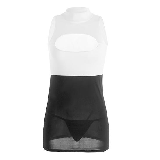 2Pcs/Set Women Nightdress with Pantyhose Hollow Chest Sleeveless Skinny Sheath Secretary Cosplay Uniform Club Dancing Mini