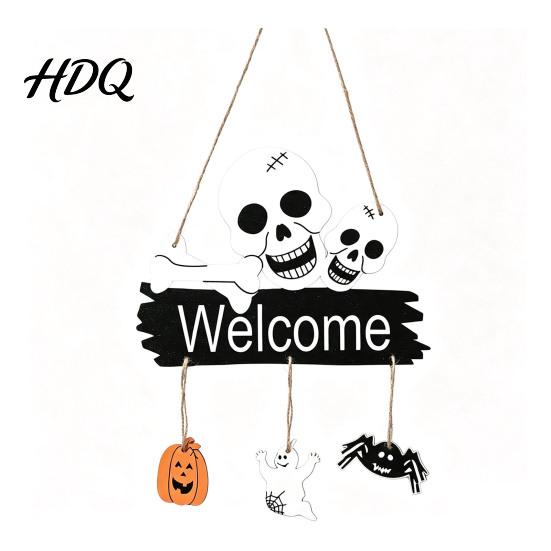 Wooden Wall Decor for Party Halloween Welcome Door Hanging Sign 3D Layered Pumpkin Skull Spider Plaque Ornament Window Front Porch Home Farmhouse