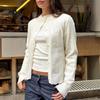 Women's White Knit Cardigan Casual Button Up Crew Neck Long Sleeve Open Front Sweater