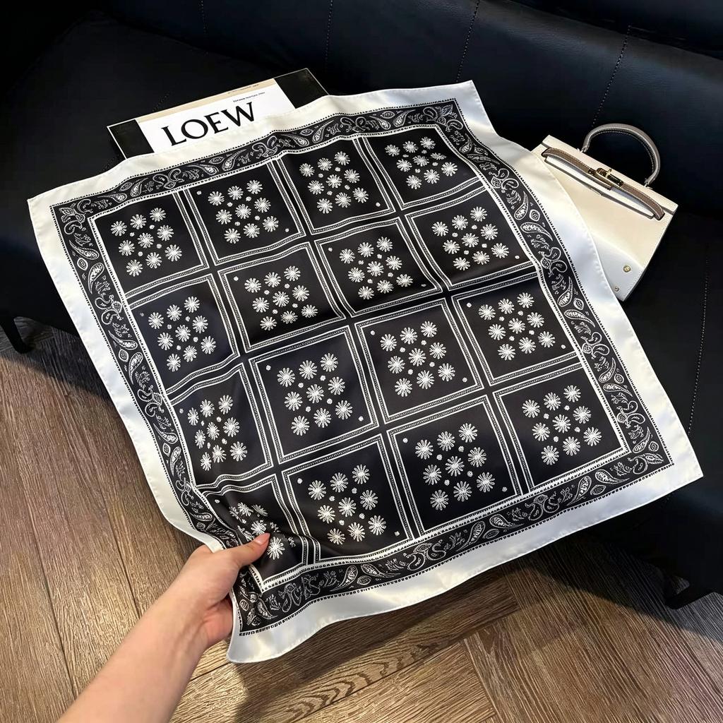 Sen green flower print fresh imitation silk scarf premium versatile square scarf neck protection scarf trendy headscarf scarf women