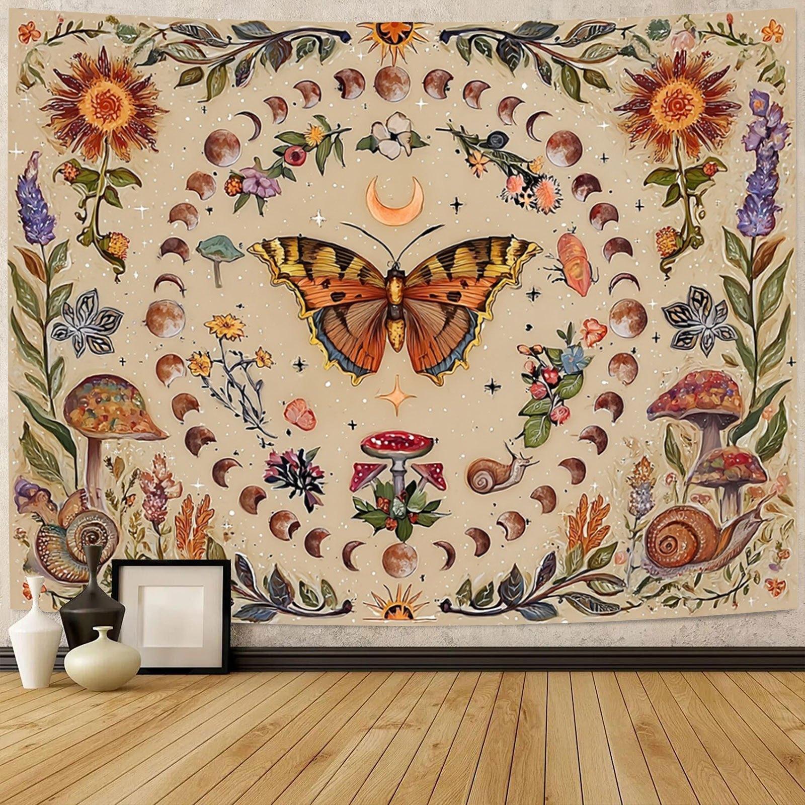 VIKAMA Vintage Bohemian Wall Hanging Butterfly Dance Enchanted Realm Tapestry Banner Tapestry Bedroom Aesthetic Hanging Tapestry 74x94cm(29x37in)