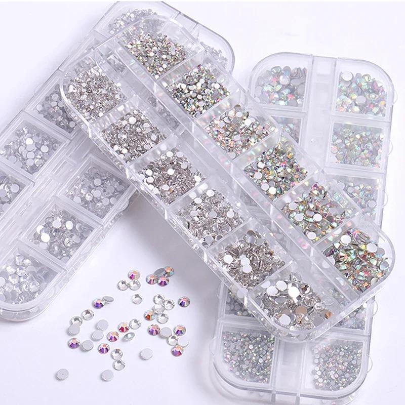 750 Stück Nagelkunst-Dekorationen, AB-Kristall-Nagel-Strasssteine in mehreren Größen, flache Unterseite, kristallklare Diamant-Edelsteine, DIY-Nägel, Glitzer