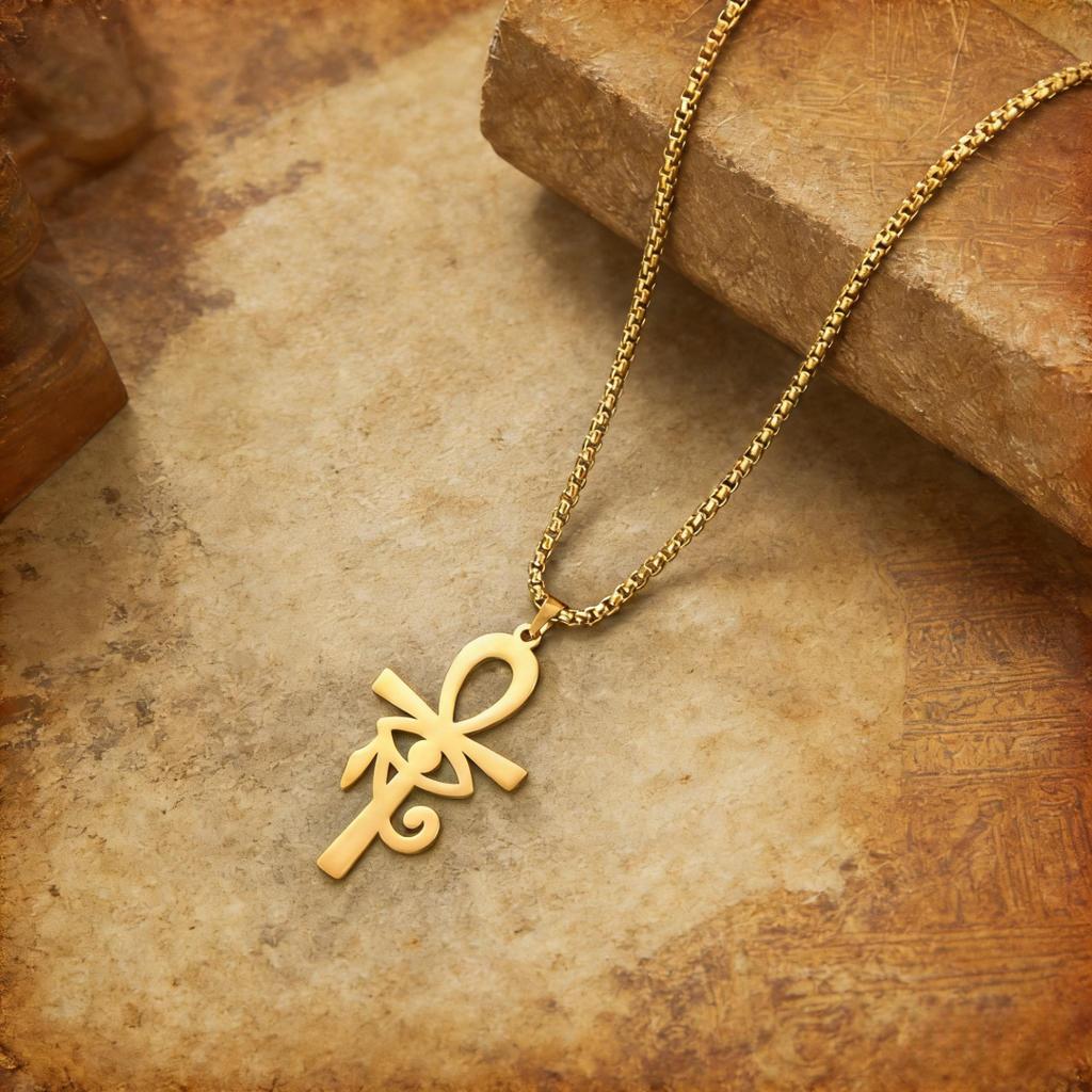 Modisches Ankh Auge des Horus Edelstahl Anhänger Halskette Wasserdicht Hypoallergen Ägyptisches Symbol Schmuck für Damen Herren