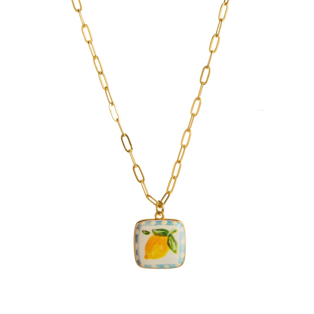 Summer printed necklace, lemon strawberry bow pendant necklace, collarbone chain, gold-plated 45cm