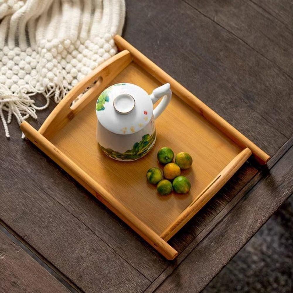 Durable Large Serving Tray with Handle Bamboo Tea Tray Household Rectangular Breakfast Tray for Home Living Room