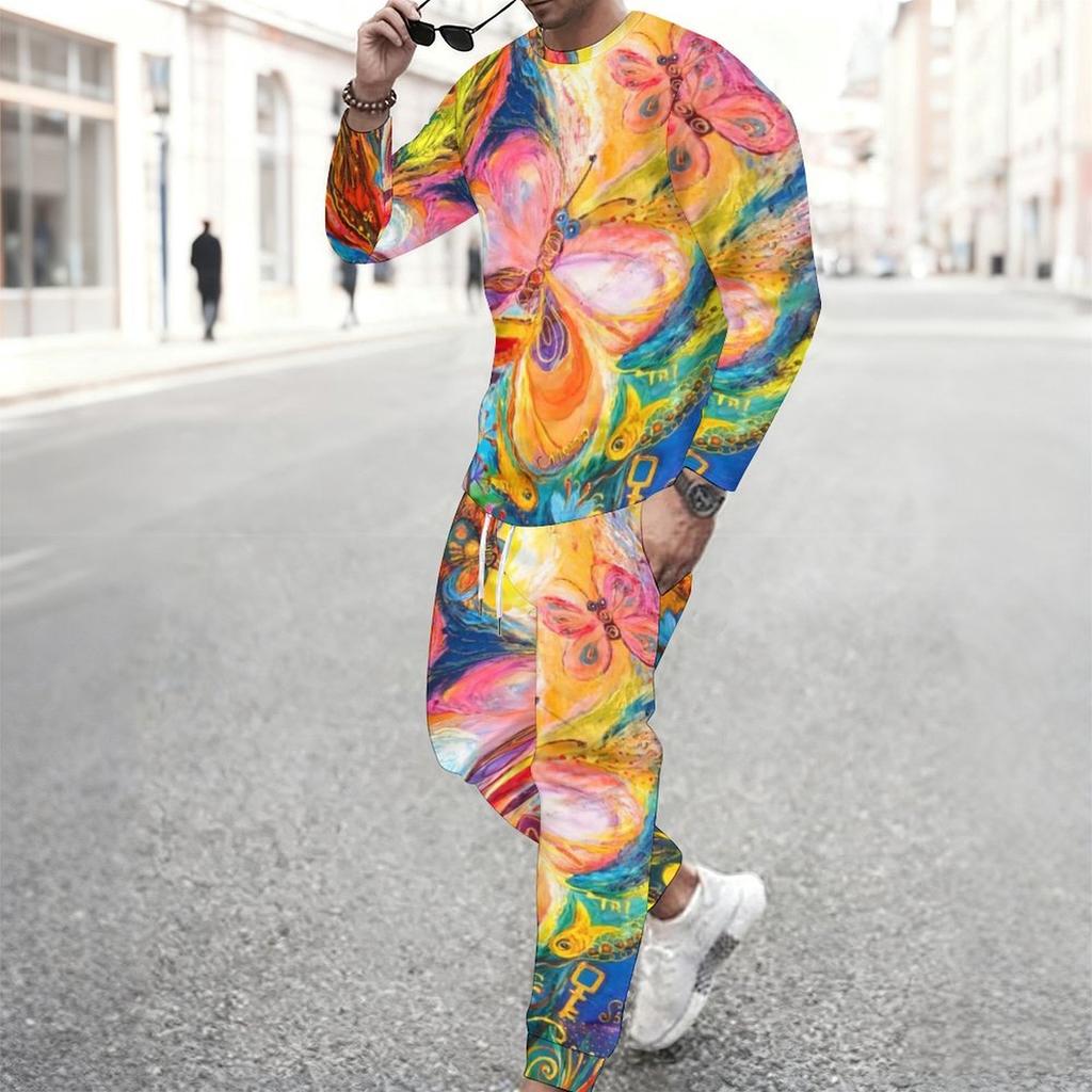 Men Black Cyan Brush Stroke Drip Gradient Print Long Sleeve Sweatshirt Jogger Pants Two Piece Suit